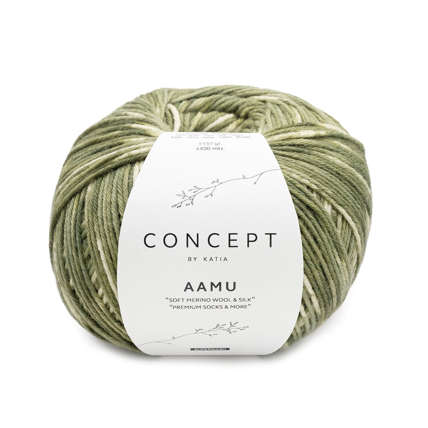 Aamu Sock Yarn with Silk – 6 - Ply Soft & Durable Yarn by Katia 301 - kaki | Knitting yarn shop / dzijas veikals