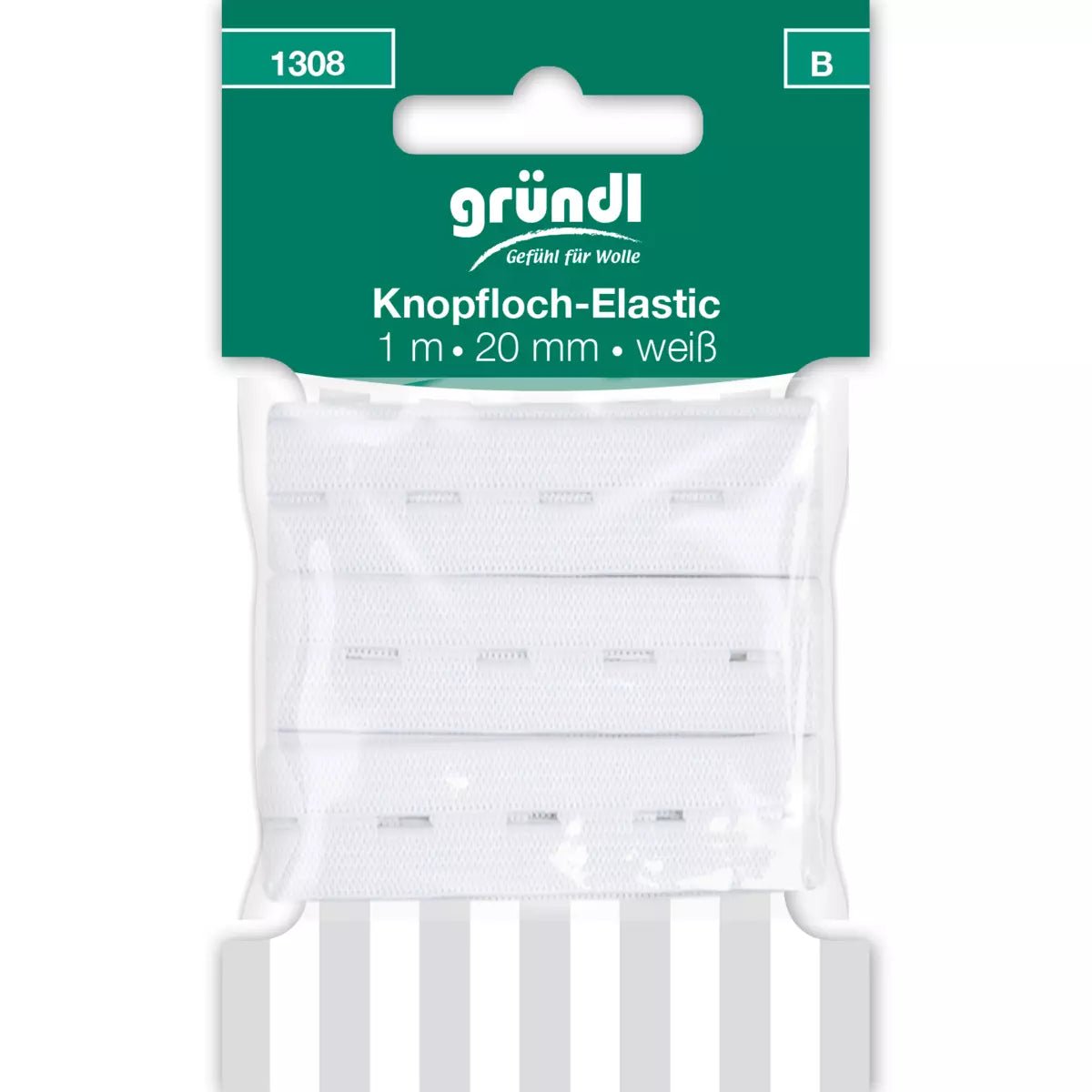 GRÜNDL Buttonhole Elastic – 20mm x 1m, White | Knitting yarn shop / dzijas veikals