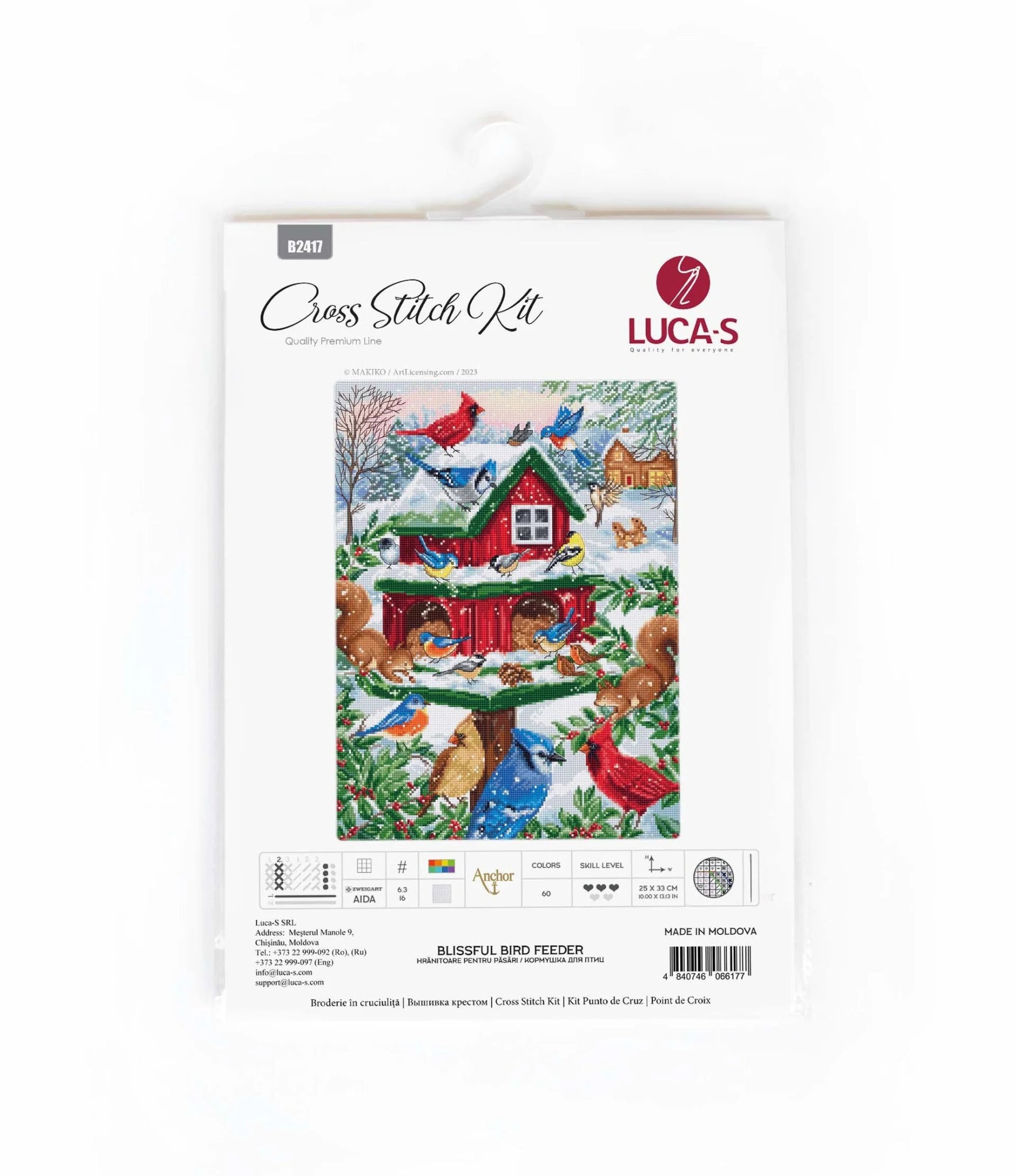 Luca - S Cross Stitch Kit – Blissful Bird Feeder B2417, 16ct AIDA, 25x33cm, 160x210 Stitches, 60 Colors, Anchor Threads, Includes Needles & Instructions | Knitting yarn shop / dzijas veikals