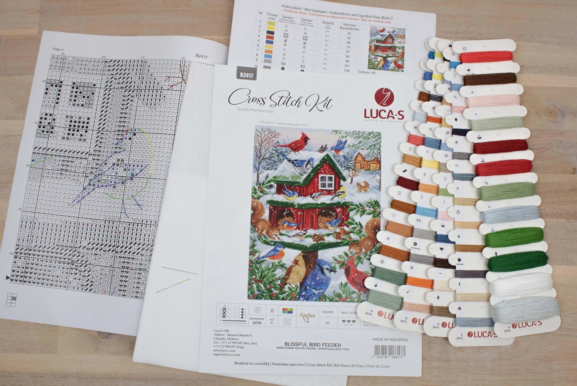 Luca - S Cross Stitch Kit – Blissful Bird Feeder B2417, 16ct AIDA, 25x33cm, 160x210 Stitches, 60 Colors, Anchor Threads, Includes Needles & Instructions | Knitting yarn shop / dzijas veikals