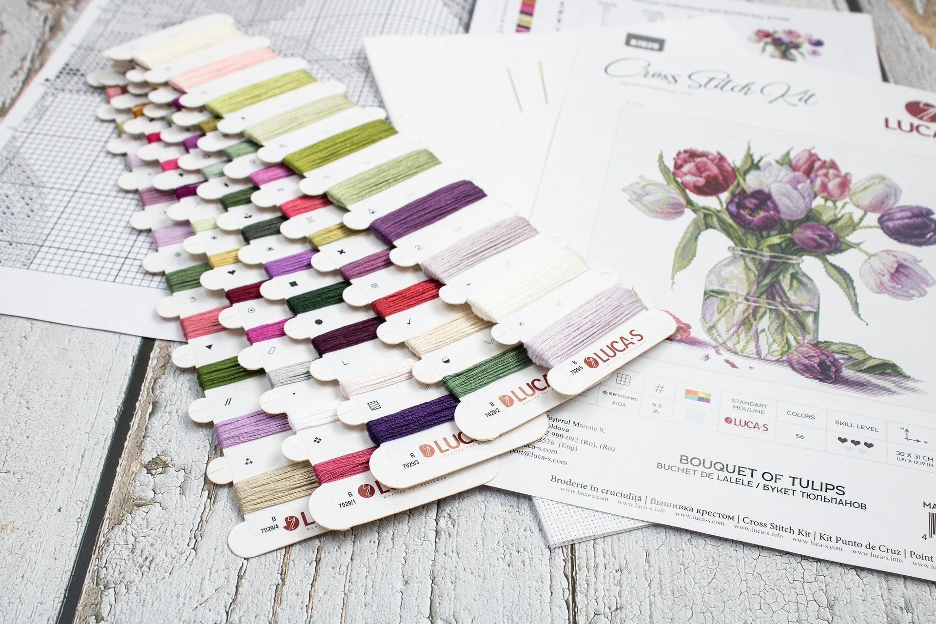 Luca - S Cross Stitch Kit – Bouquet of Tulips B7029, 16ct AIDA, 30x31cm, 189x195 Stitches, 56 Colors, Includes Cotton Threads, Needles & Guide | Knitting yarn shop / dzijas veikals