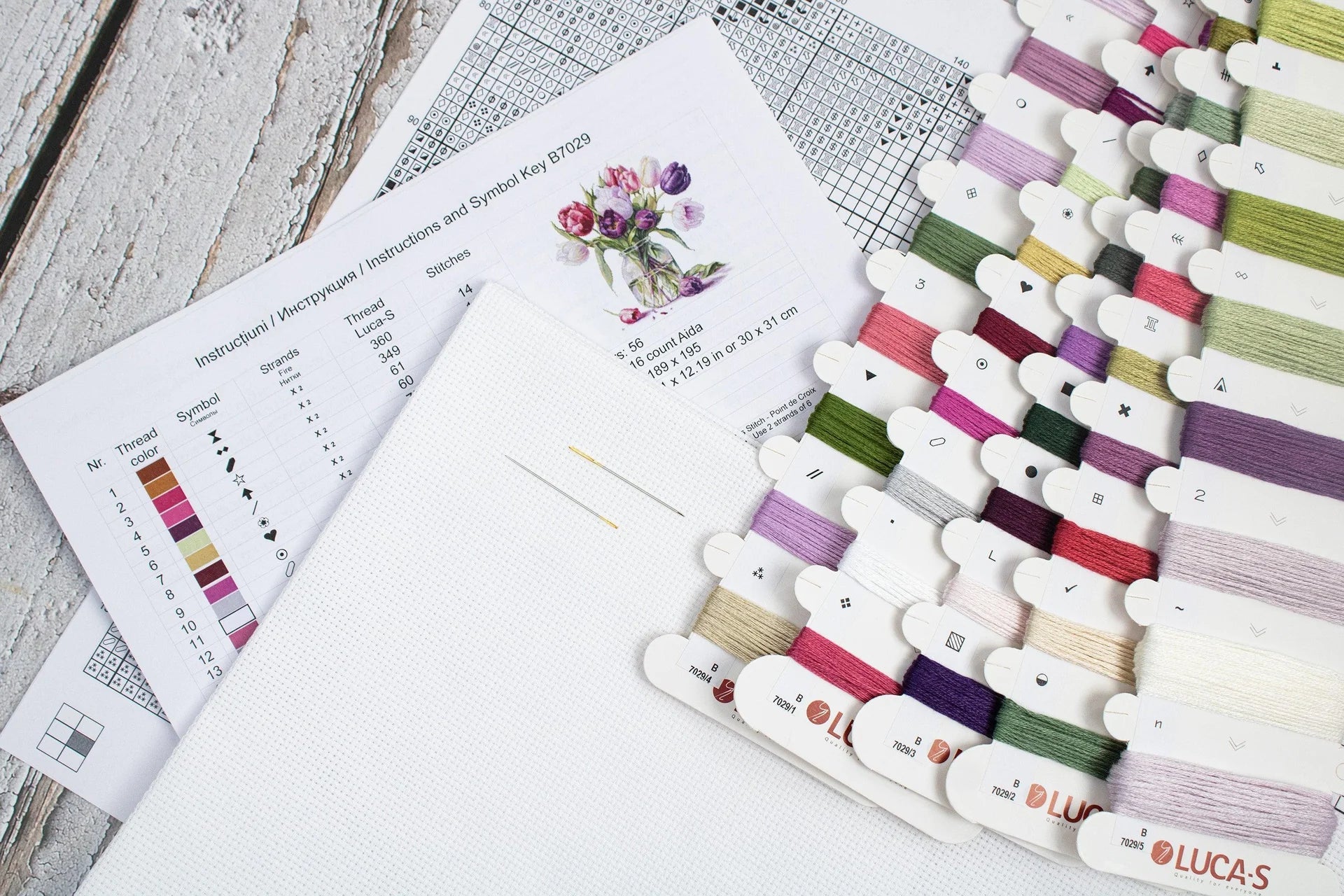 Luca - S Cross Stitch Kit – Bouquet of Tulips B7029, 16ct AIDA, 30x31cm, 189x195 Stitches, 56 Colors, Includes Cotton Threads, Needles & Guide | Knitting yarn shop / dzijas veikals