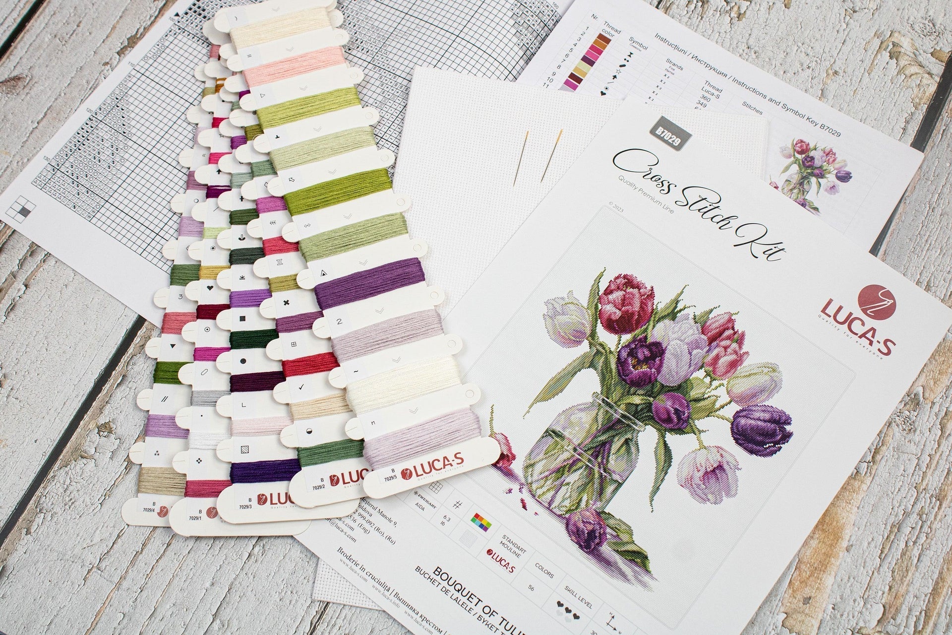 Luca - S Cross Stitch Kit – Bouquet of Tulips B7029, 16ct AIDA, 30x31cm, 189x195 Stitches, 56 Colors, Includes Cotton Threads, Needles & Guide | Knitting yarn shop / dzijas veikals