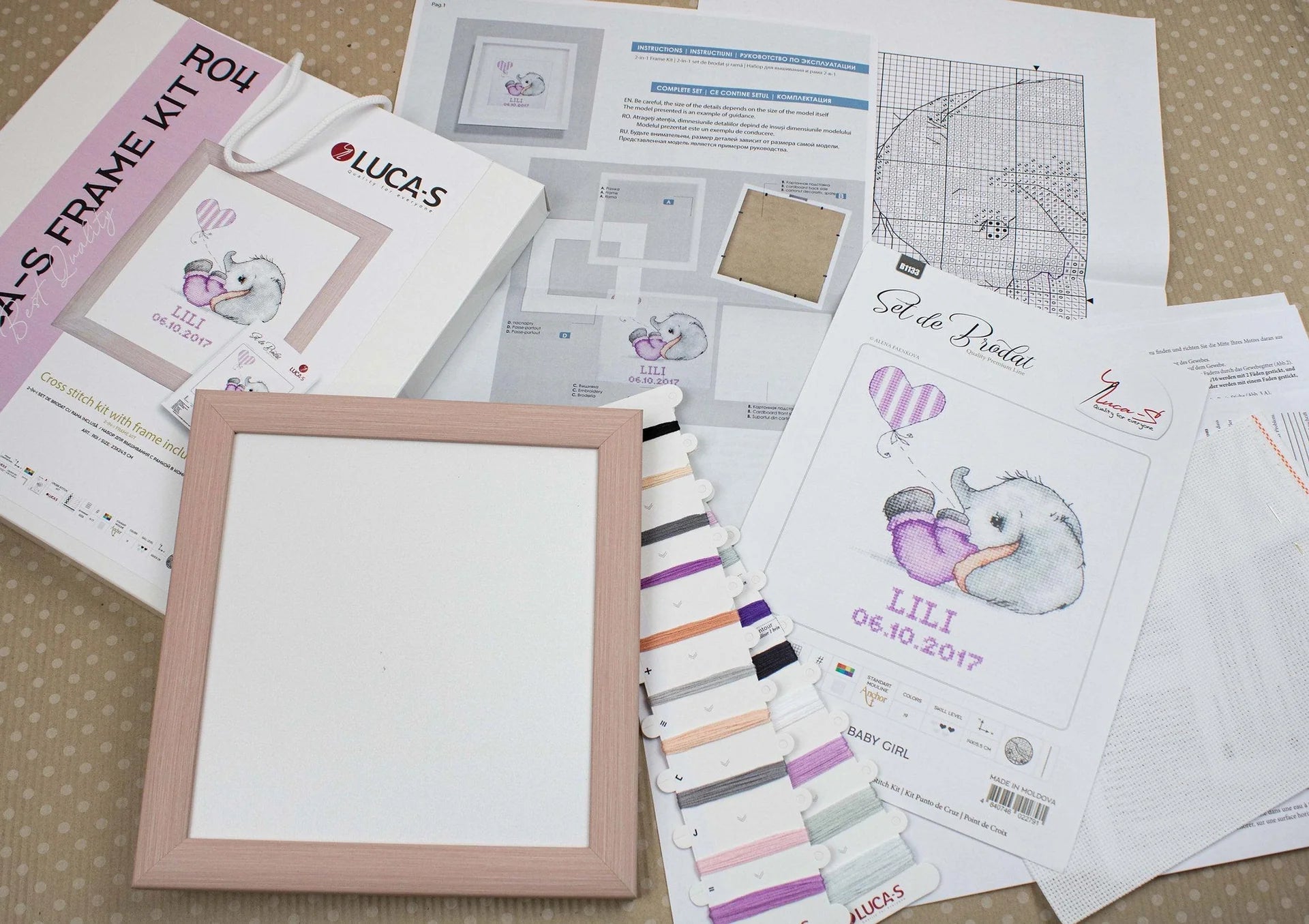 Luca - S Frame Kit R04 – Pink Wooden Frame with Cross Stitch Kit, 23x24.5cm | Knitting yarn shop / dzijas veikals