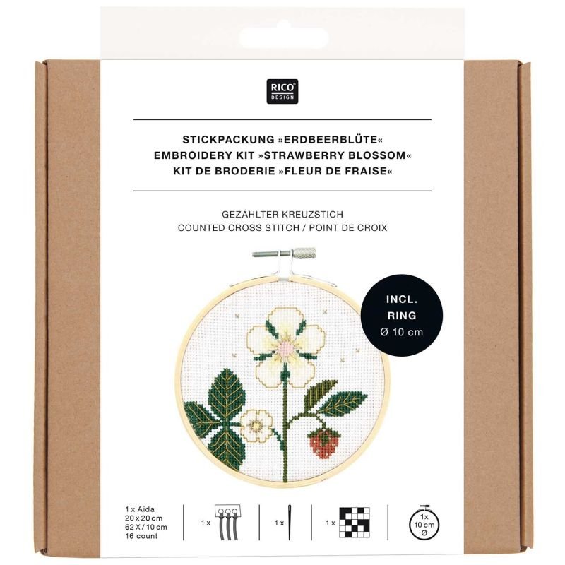 Rico Design Cross Stitch Embroidery Kit - Strawberry Blossom | Knitting yarn shop / dzijas veikals