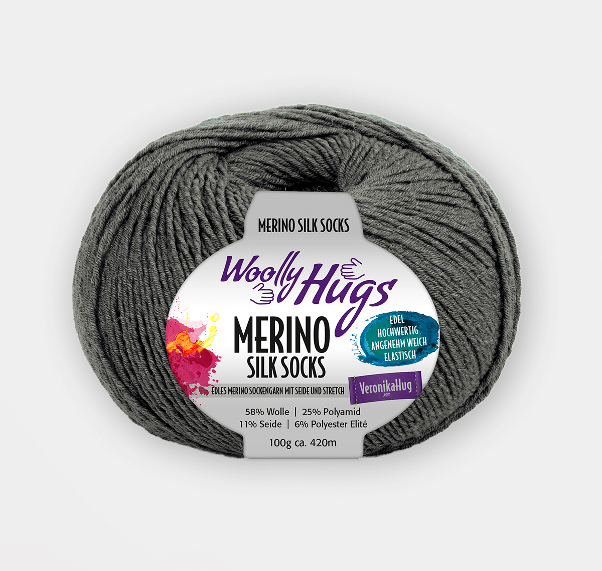 WOOLLY HUGS Merino Silk Socks Yarn 295 Medium grey | Knitting yarn shop / dzijas veikals